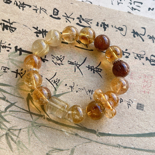 天然钛晶与黄水晶手链 | 约12毫米珠子 | 太阳神经丛脉轮启发 | 五行土金能量 | 财富与自信礼物